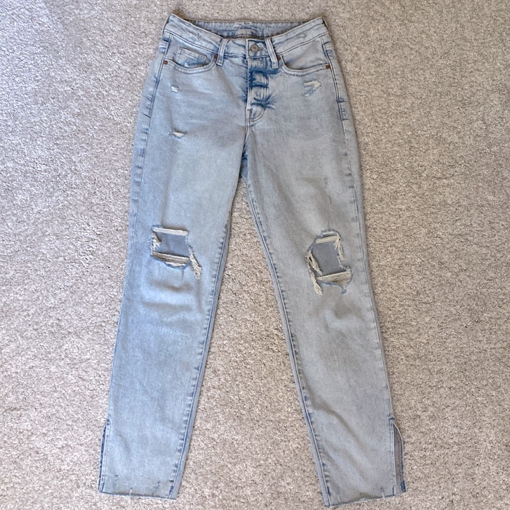 High rise straight leg distressed jeans